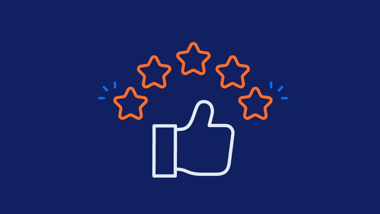 Thumbs up icons on a blue background, with four orange star outlines in a semi-circle above it