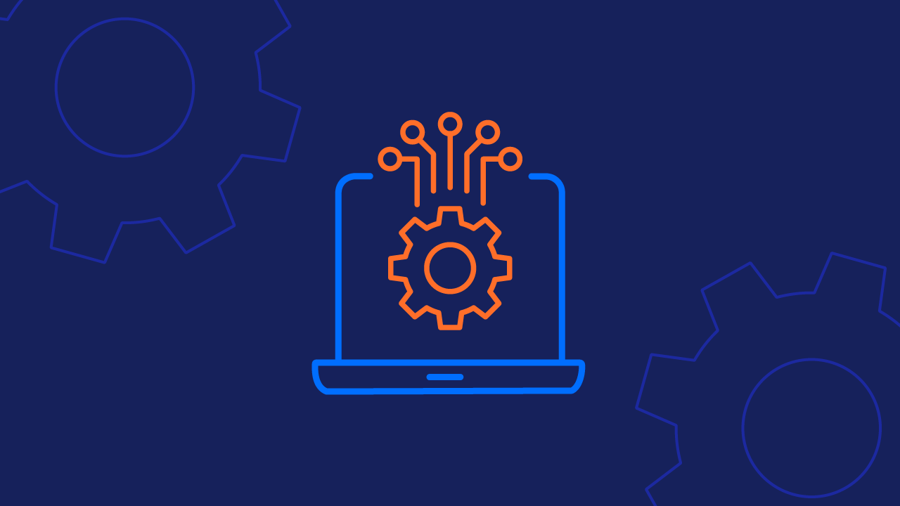 Cogs emerging from a laptop computer to symbolize artificial intelligence